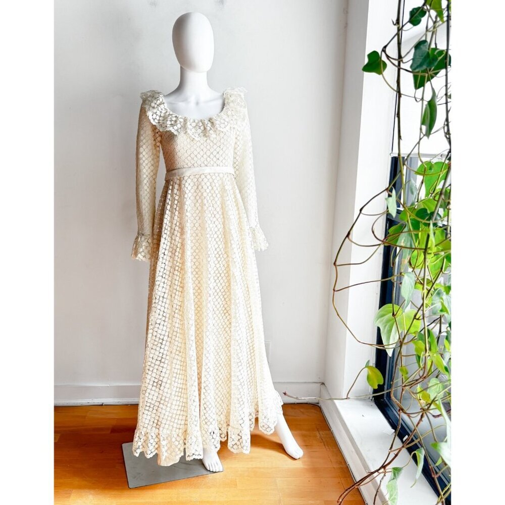 Vintage Jac An Ivory Crochet Long Sleeve A line Maxi Dress Wedding Boho S - Picture 6 of 11